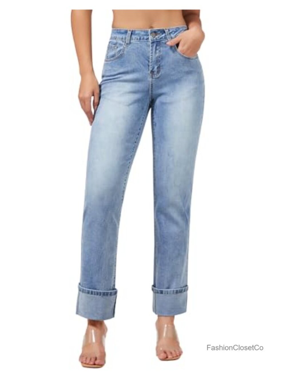 High Waisted Straight Leg Jeans Women Boyfriend Fit Stretchy Denim Cuff Hem